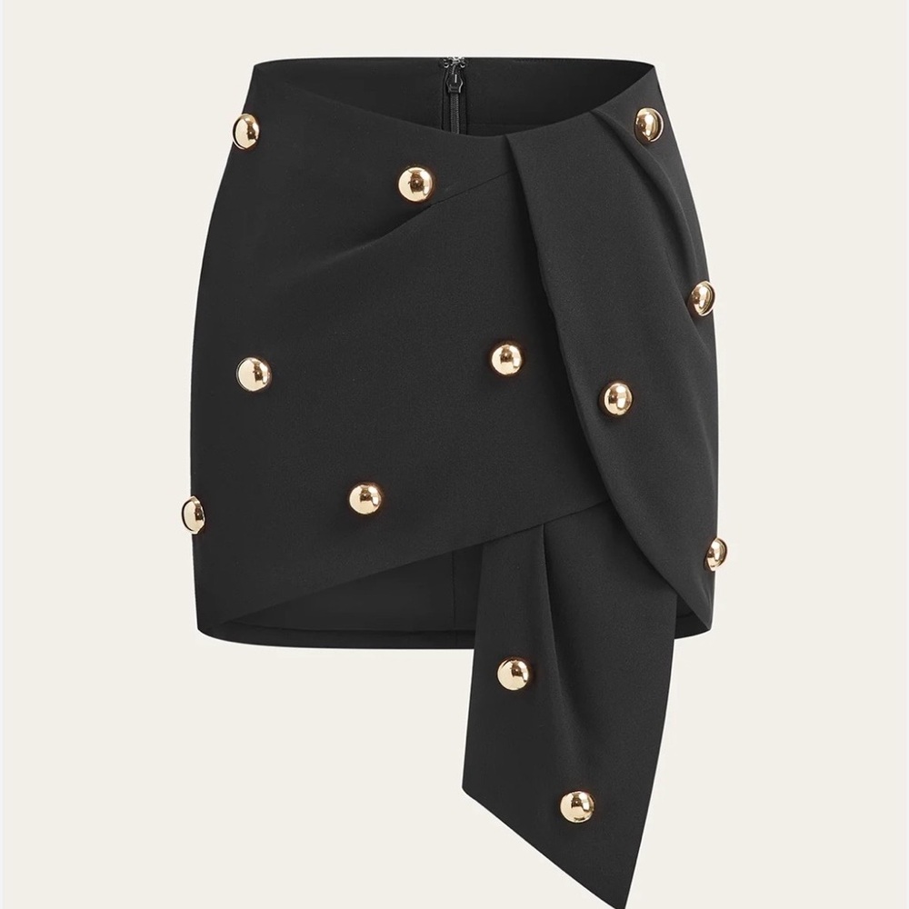 NWT Commense SOLD OUT Black Asymmetrical Mini Skirt w/ Gold Ball Appliqués Sz XS